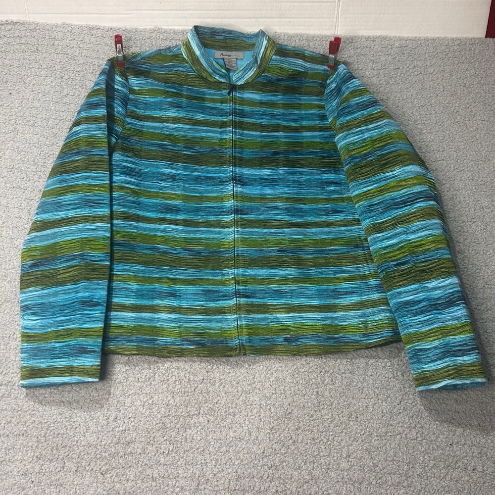 Analogy Jacket Zip Front PS Blue Green Striped Crinkle Coastal Eclectic Art